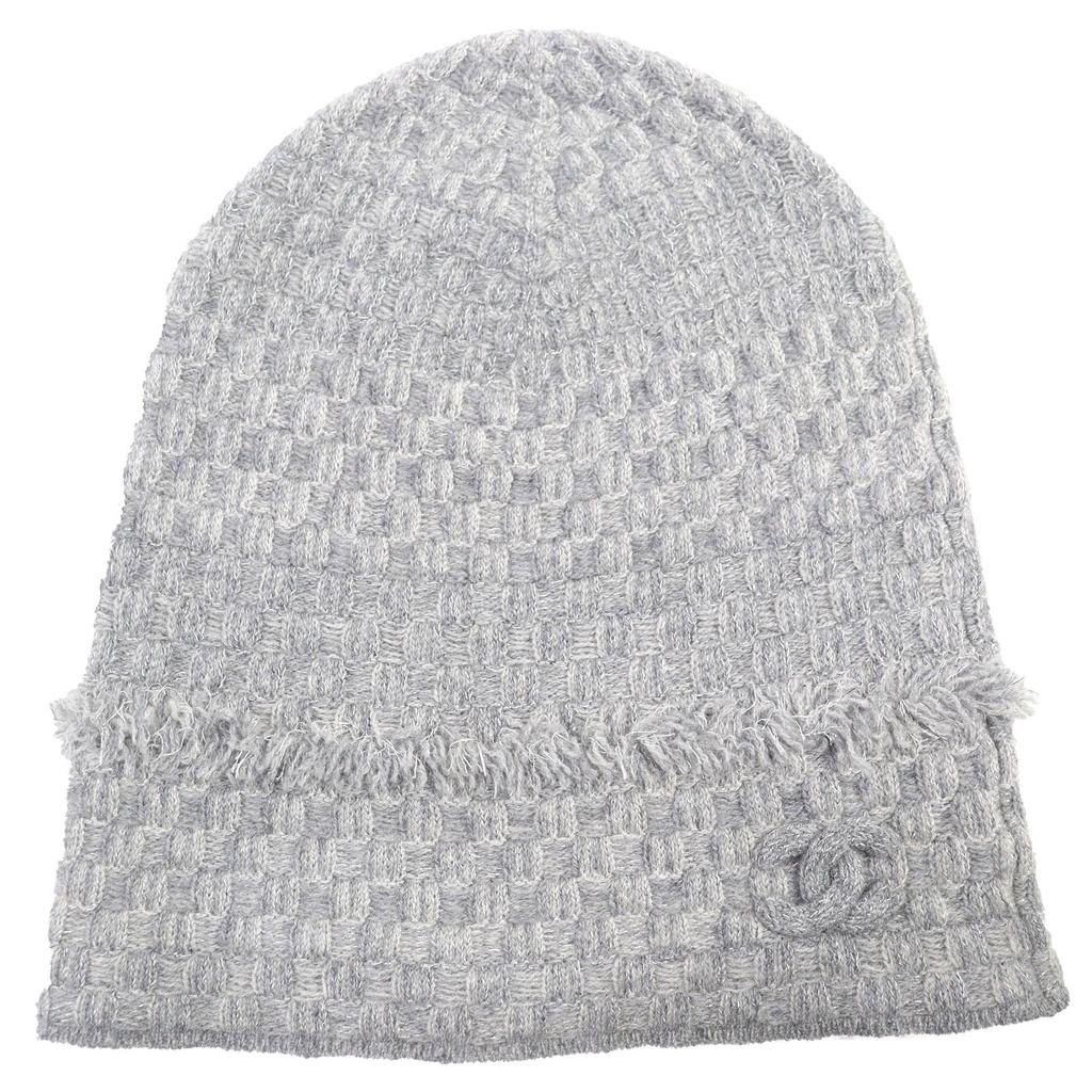 Great CHANEL Knit Cap COCO Mark Fringe Design Glitter Knit Beanie Cashmere 16B Used