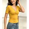Women V Neck Wrap Front Drawstring Side Short Sleeve Slim Fit Casual T Shirt Tops