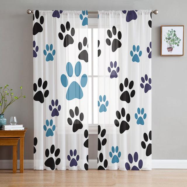 Cartoon Pet Paw Footprint Tulle Curtains For Living Room Bedroom Decoration Chiffon Sheer Voile Kitchen Window Curtain Drapes