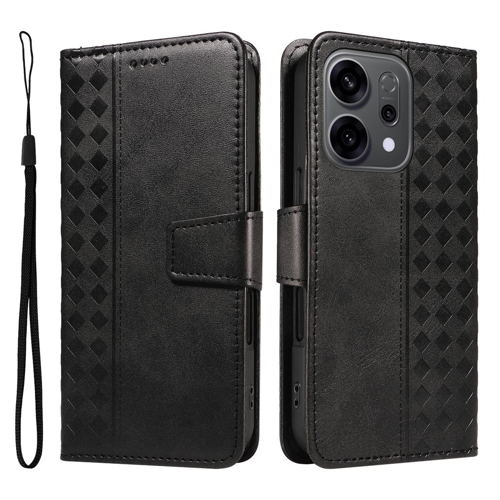 For Oppo Reno14 5G (China)/Oppo Reno14 F 5G/Oppo Reno14 5G (Global) Leather Case Wallet Stand Grids Imprinted Phone Cover with Strap