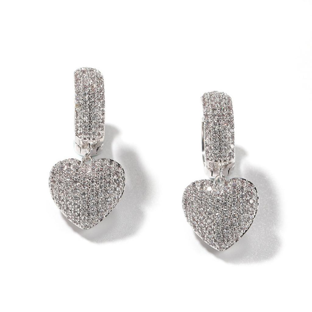 Gold Tone Full Paved Heart Drop Hoop Earrings for Women Trendy Elegant Jewelry