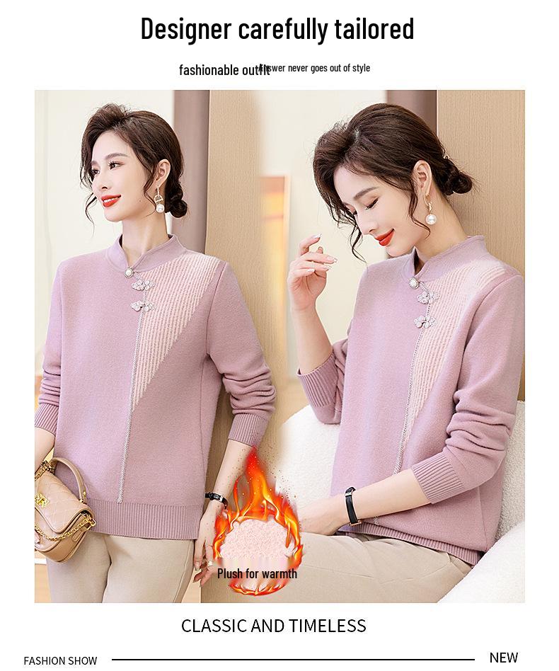 Mom's Winter Velvet Sweater: National Style Warm Base Layer for Middle-Aged & Elderly Women