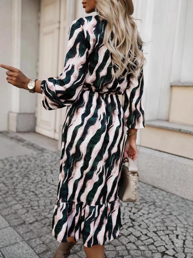 European and American Fashion Zebra Print Long Sleeve Dress with Bow Waist