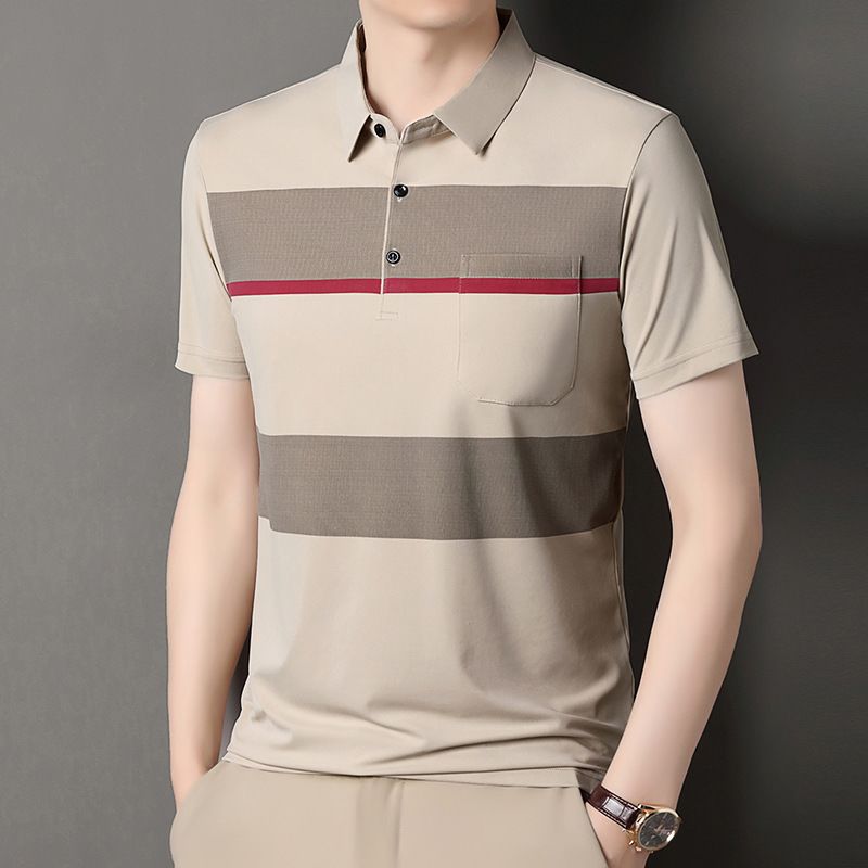 Men's Striped Short Sleeve Polo Shirt With Pocket Turn Down Collar Casual Business Breathable Summer Tops