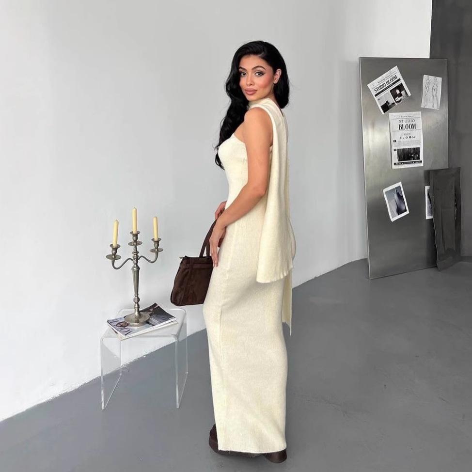 Autumn 2025 Women's One-Shoulder Knit Sweater Dress Shawl - Loose & Versatile Fashion Style