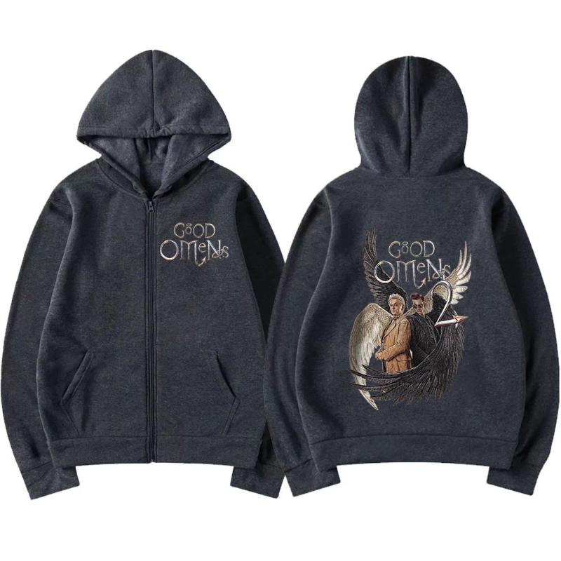 Good Omens Dragkedja Huvtröjor Herr Mode Vintage Dragkedja Huvtröja Unisex Vardaglig Lös Överdimensionerad Pullover Jacka Streetwear