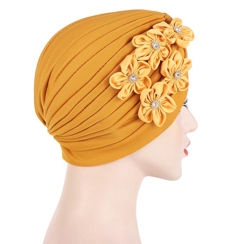 Women Flowers Ruffle Turban Caps Muslim Elastic Pearls Headscarf Bonnet Ladies Hair Accessories Indian Cap Turbante Mujer