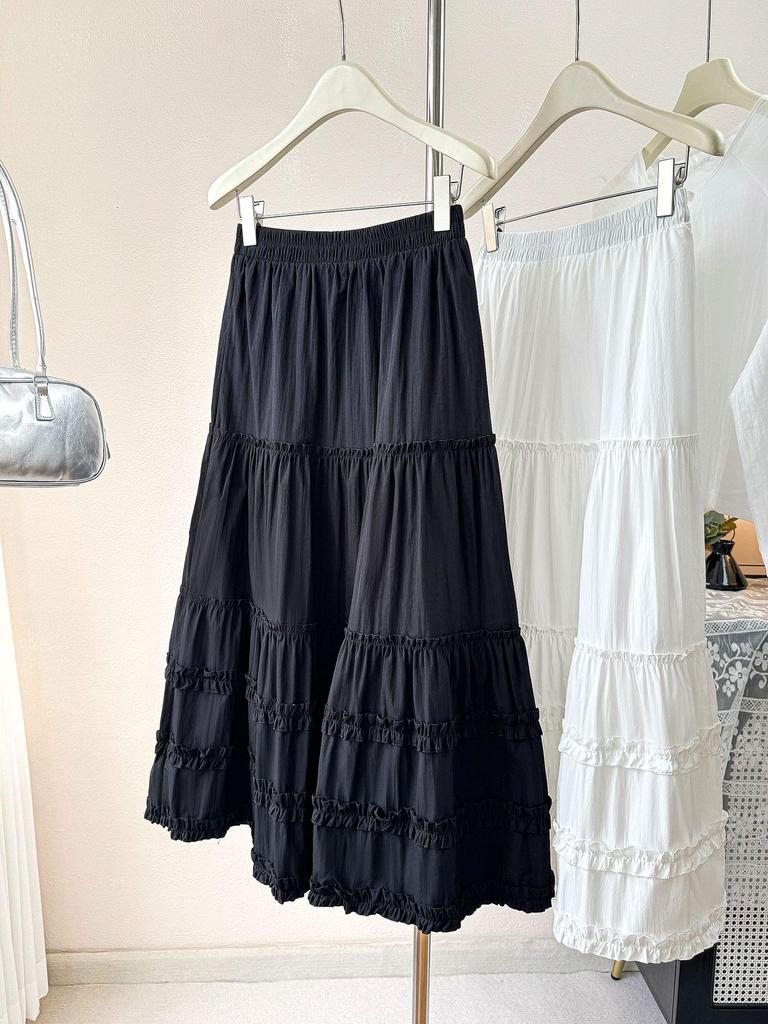 Korean-Style Black Layered Ruffled Lace Long Skirt - Women's Spring/Summer 2026