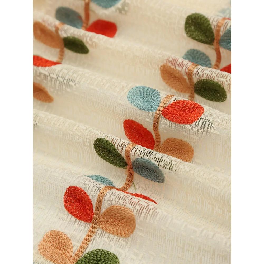 Khakifarbene vierfarbig bestickte Blättervorhänge, Wohnzimmervorhänge im Landhausstil, einteiliges Set