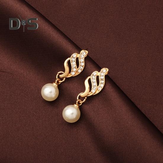 2Pcs/Set Women Jewelry Set Imitation Pearl Rhinestones Inlaid Necklace Drop Earrings Set Wedding Accessories