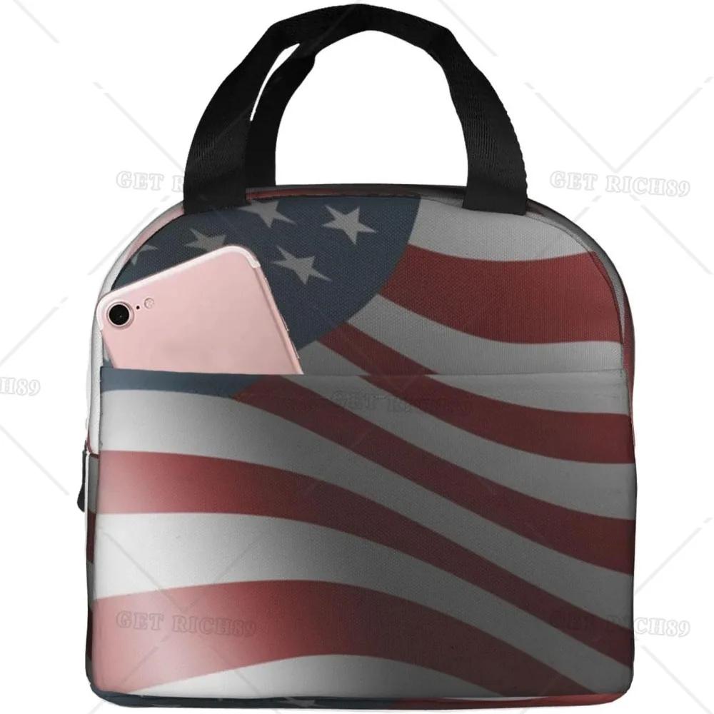American Usa Flag Lunch Tote Bag for Women Men Reusable Insulated Cooler Lunch Box Container with Pocket for Work Office Trip
