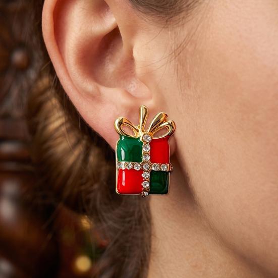 Asymmetrical Christmas Earrings 1 Pair Enamel Rhinestone Stud for Women, Dress Festive Party Accessories And Gift Box Earrings, Sparkling Holiday