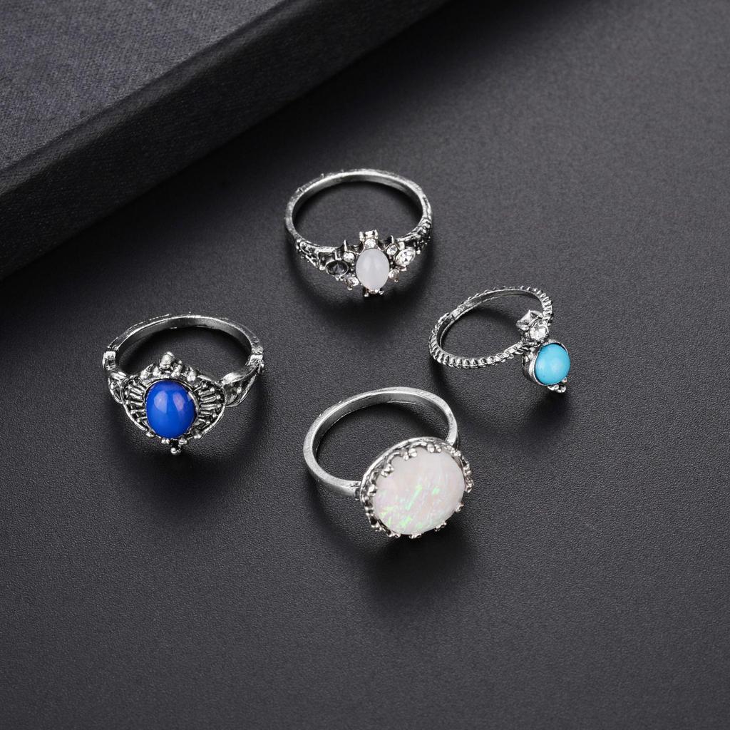 European & American Style Retro Gemstone Ring Set - 4 Piece Women's Collection
