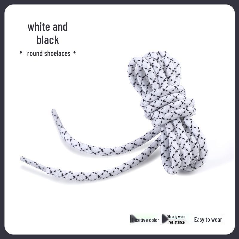 Černé a bílé diagonálně tečkované silné kulaté tkaničky do bot pro turistiku/běh