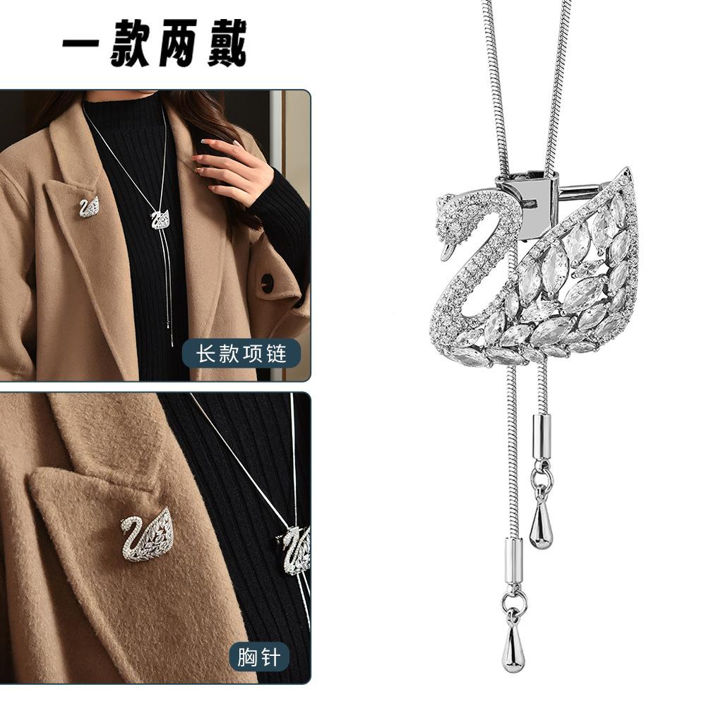 Suijue Pearl Sweater Chain Two Wear Crystal Flower Long Necklace Titanium Steel National Style Two Wear Function