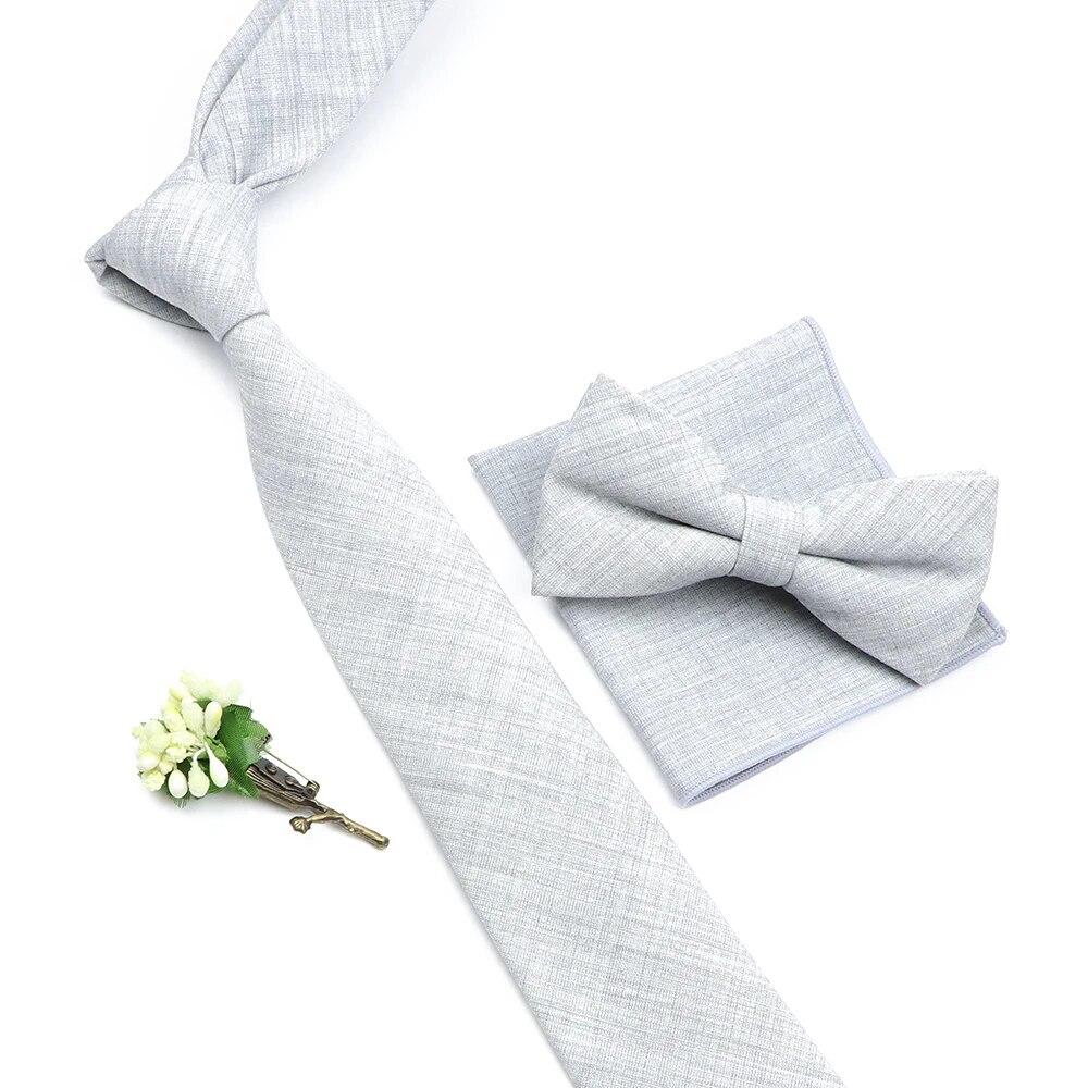 Solid Color Cotton Necktie Set For Men Tie 4pcs Hanky Cufflinks Rhinestone FLoral Brooch Tie Set