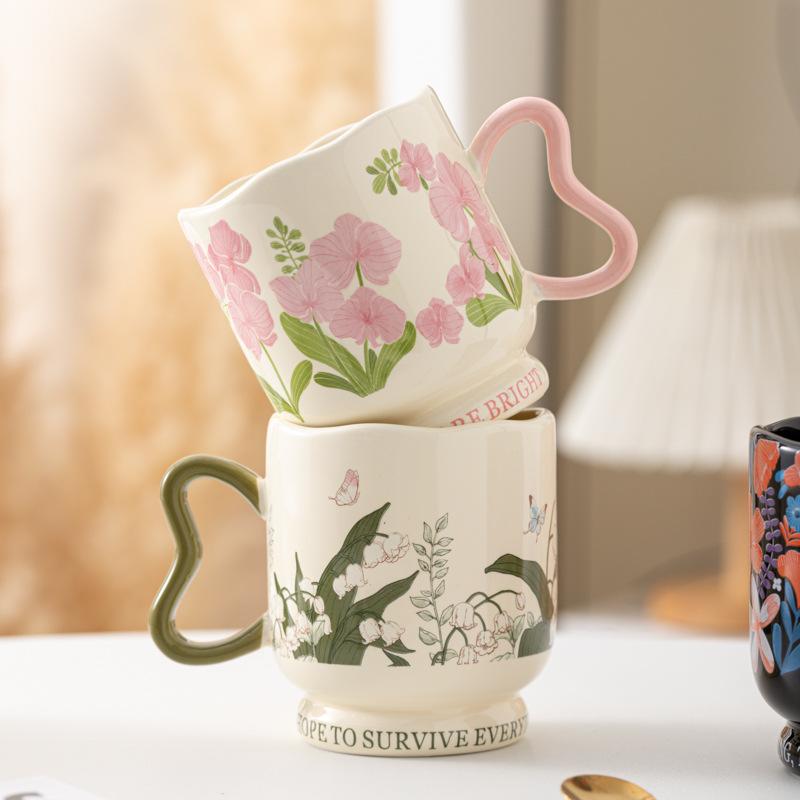 Linglong Flower Coffee Cup Saucer Set High Value Ceramic Mug Original Watercolor Fashion Ceramic Coffee Cup Saucer