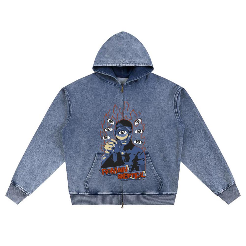 DTG Print Knitted Denim Zip-Up Hoodie Remain Skeptical Brother Print Zipper Hoodies  