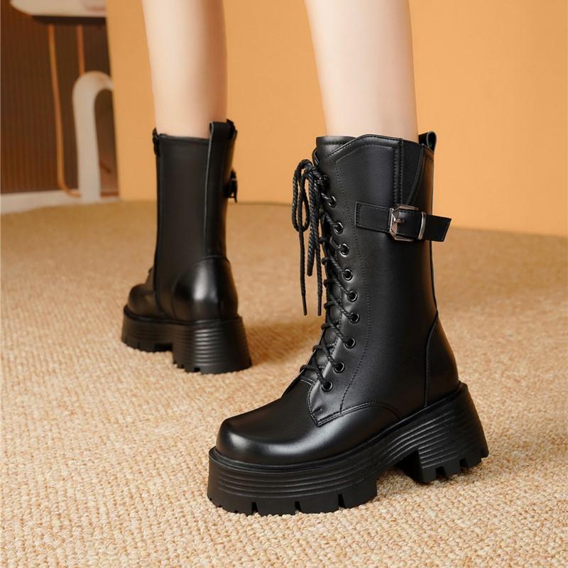 Fashion Snow Boots Female Genuine Leather New High Heel Platform Women Ankle Boots British Style Natural Wool Warm Women Winter Boots