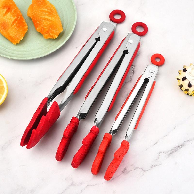 Silicone BBQ Grilling Tong Kitchen Cooking Salad Bread Serving Tong Non-Stick Barbecue Clip Clamp Stainless Steel Gadget