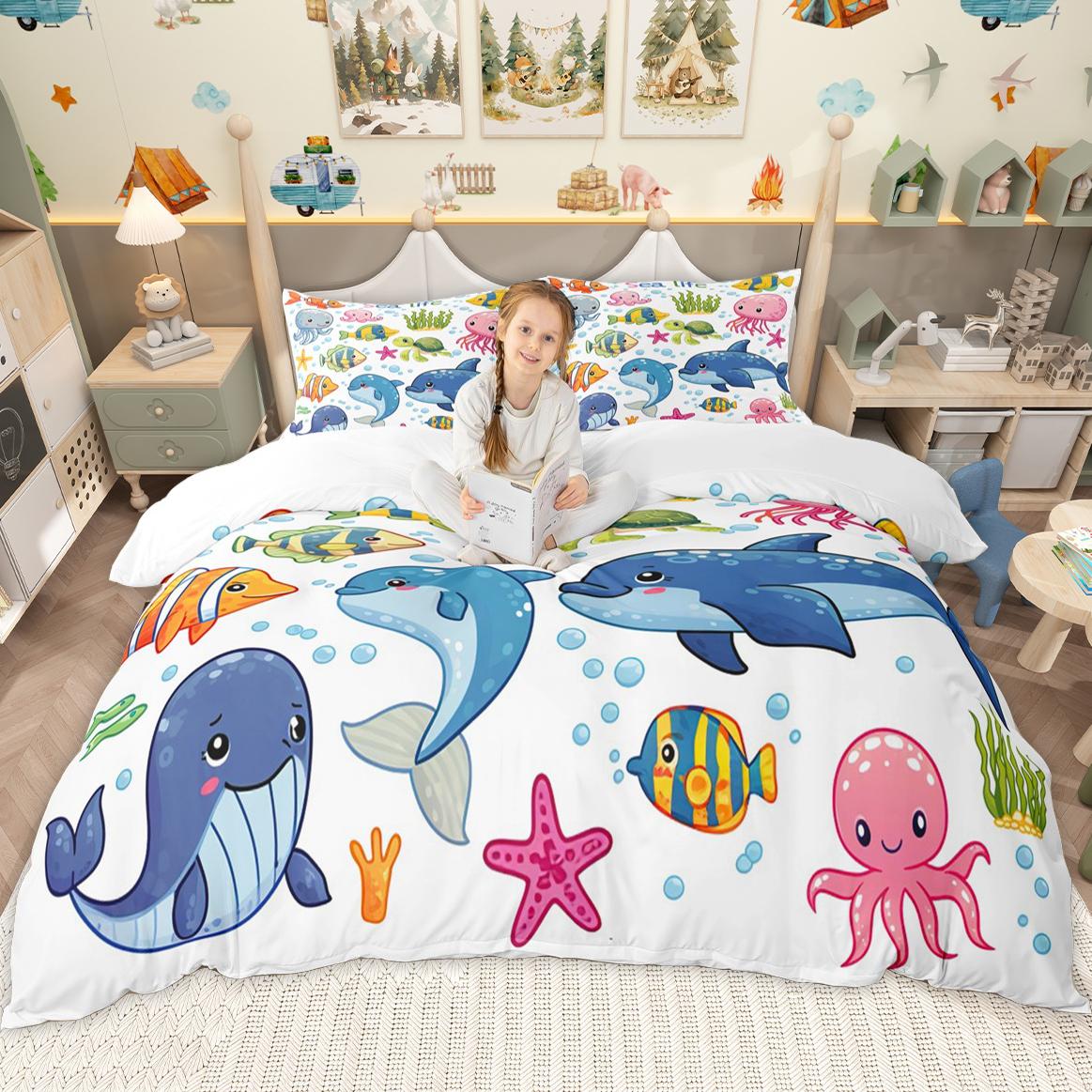 

Homewish Мультяшний Набір Підковдри з Морськими Тваринами для Дітей Хлопчиків Дівчаток, Набір для Ліжка з Китом Восьминогом Морською Зіркою, Набір Підковдри з Морською Рибою Крабом AU Q 210x210cm 3pcs&set