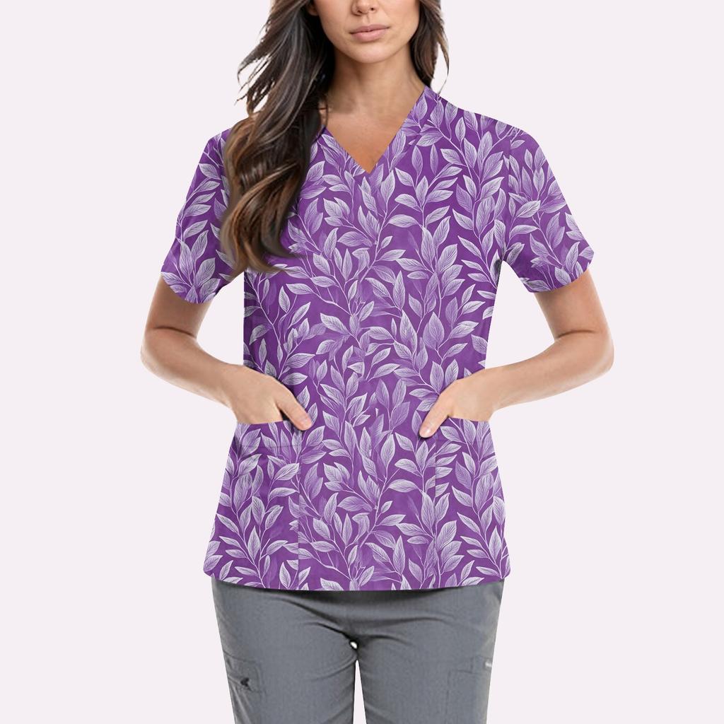 Women's Cute Printed Work Clothes V-neck Double Layer Pockets Basic Short Sleeve Top Pullover Valentines