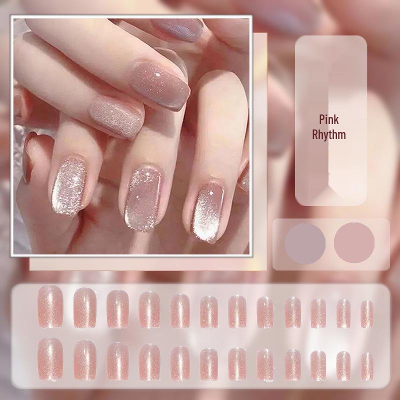 Cat Eye Press-On Nails: Luxurious Nail Art Tips with Stone Glass Beads In Long & Short Whitening Styles