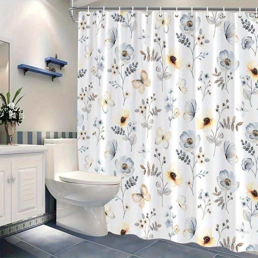 Soft Pastel Floral Shower Curtain - Light Blue, Pale Yellow & Beige Botanical Design, 12 Hooks, Vintage Whimsical Bathroom Decor