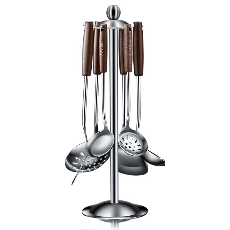 Stainless Steel Kitchen Utensil Set: Thickened Frying Spatula, Soup Ladle, Slotted Spoon with Wooden Handle