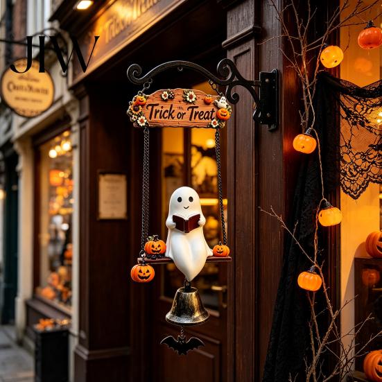 Unique Holiday Gift for Home Halloween Swing Ghost Doorbell, with Pumpkins Decor, Gothic Style Trick Entryway Welcome Sign or Treat Sign, Farmhouse
