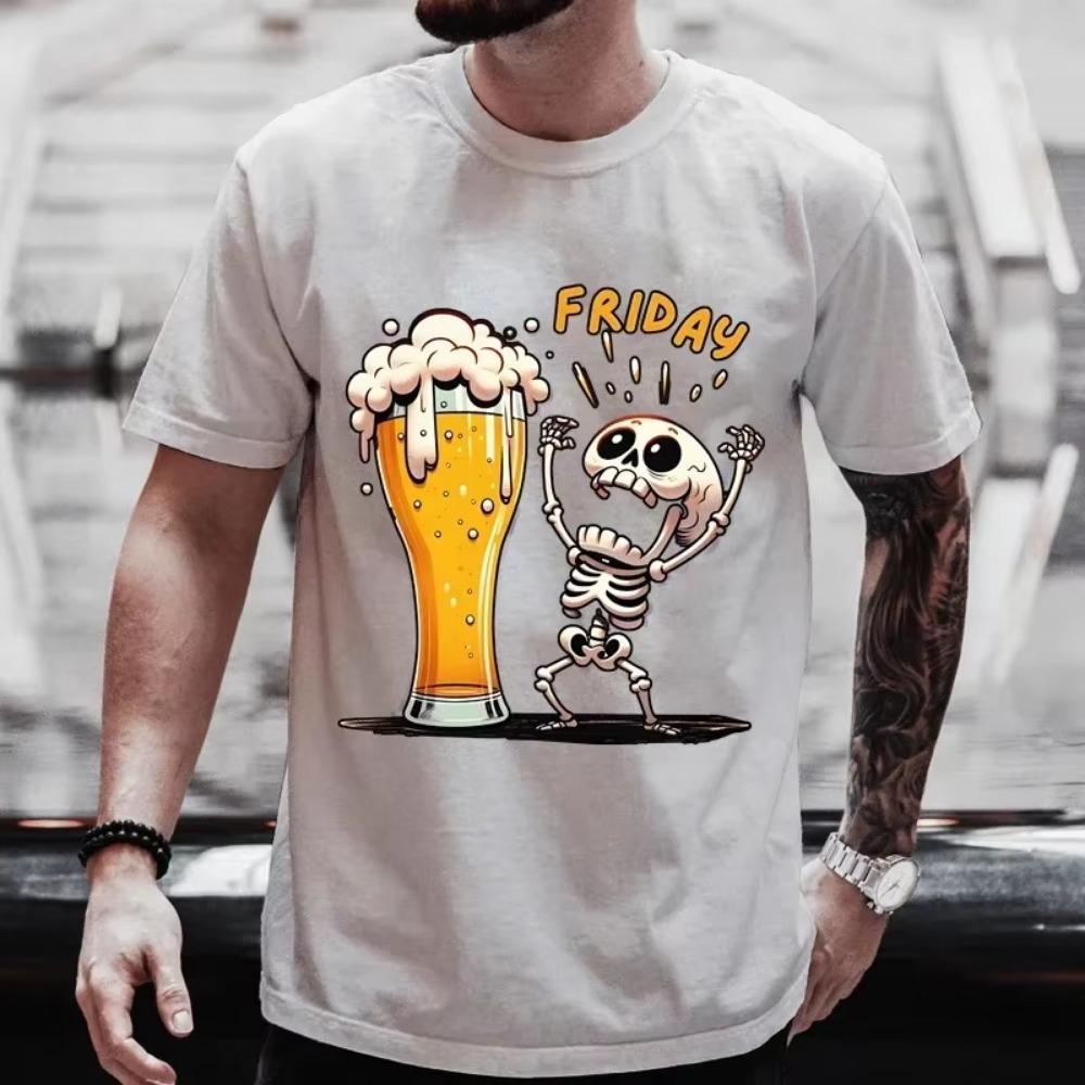Men's T Shirt Short Sleeve Tops Skeleton Enjoying FRIDAY Tees Men T-Shirt Black Tees Finally Friday for Beer Lovers Male Clothes