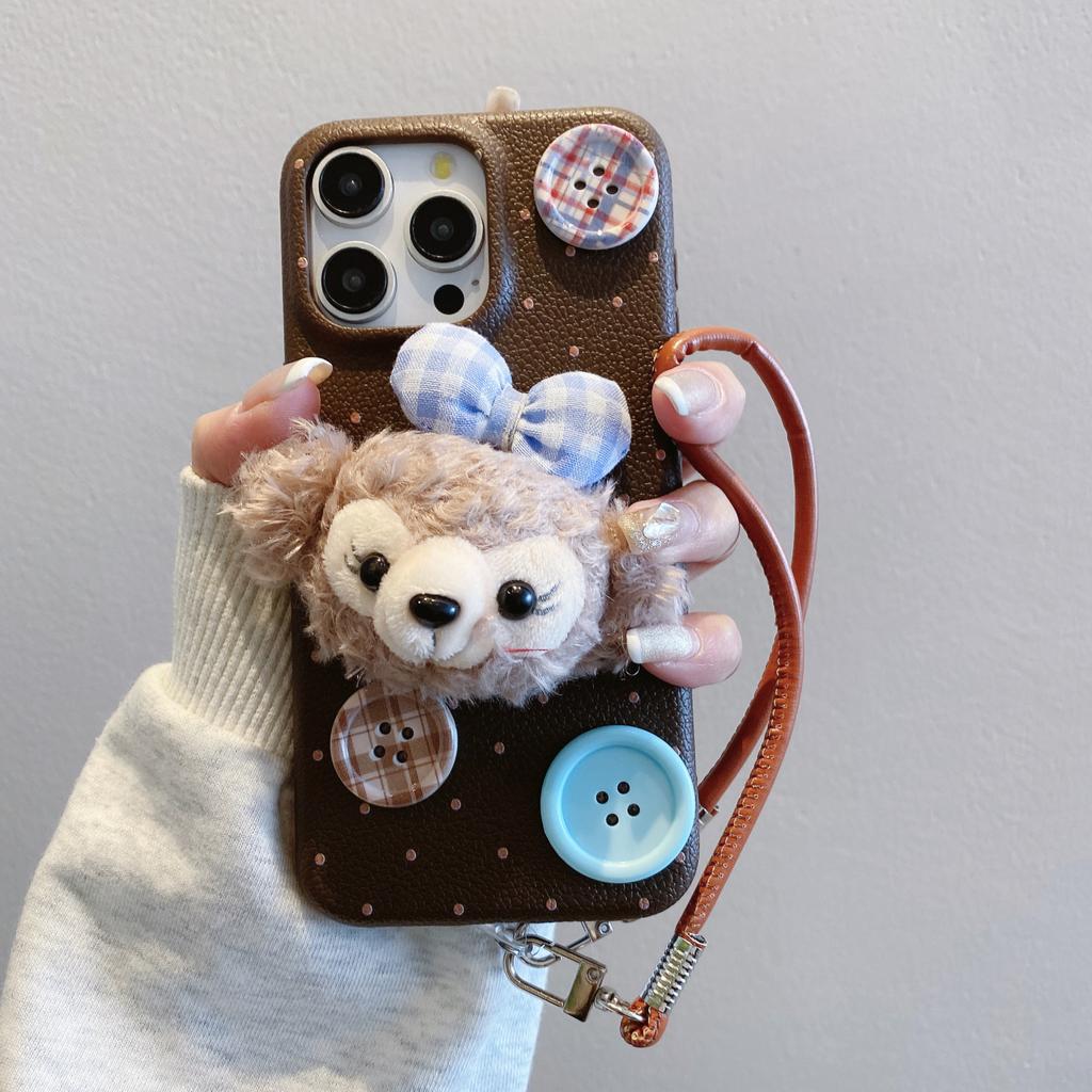 Winter Plush Filipino Button Lanyard Apple 16promax 15pro Fall proof Full Cover 13P Leather Pattern Mobile Phone Case