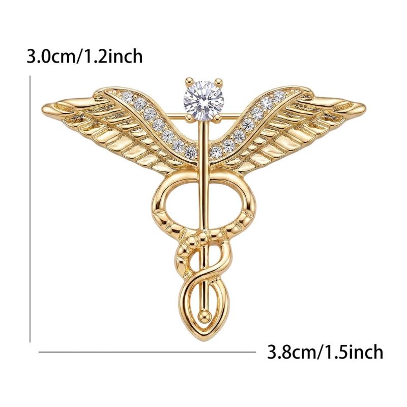 Lapel Brooch Accessory with Clear Stone Caduceus Shape, Copper Pin for Jacket, Scarf and Collar Outfit Wear Styling