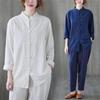 Damen Vintage Baumwolle Leinen Freizeithemden Chinesischer Stil Vintage Einfarbig Locker Damen Langarm Tops