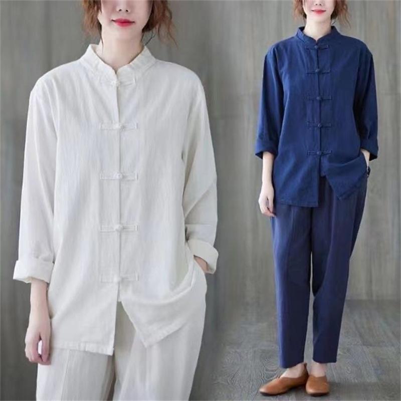 Damen Vintage Baumwolle Leinen Freizeithemden Chinesischer Stil Vintage Einfarbig Locker Damen Langarm Tops