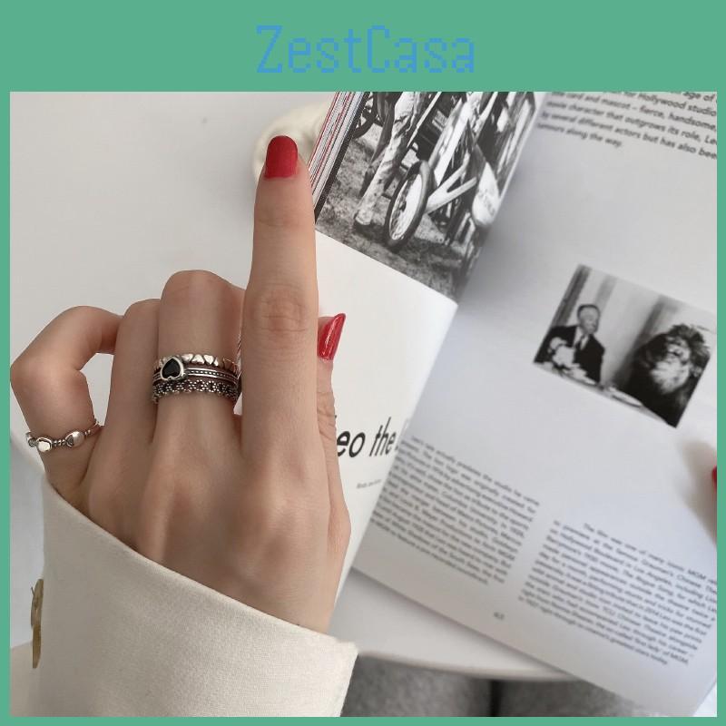 Unique S925 Pure Silver Retro Style Heart Finger Ring Adjustable Size For Women