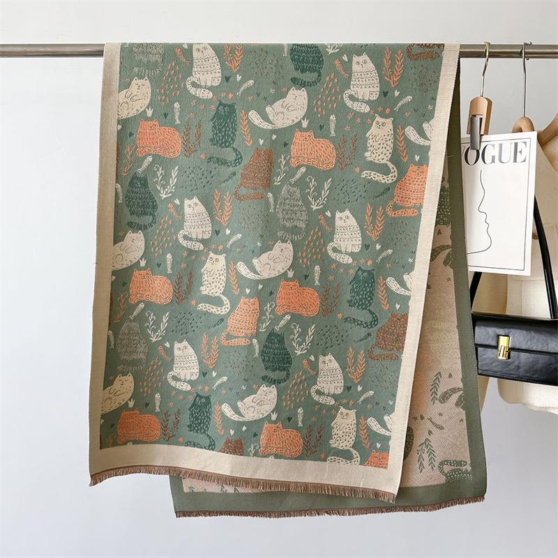 Luxury Cat Print Cashmere Scarf Women's Winter Double-Sided Thick Warm Female Shawl Scarf Pashmina Scarves Hijab Stoles