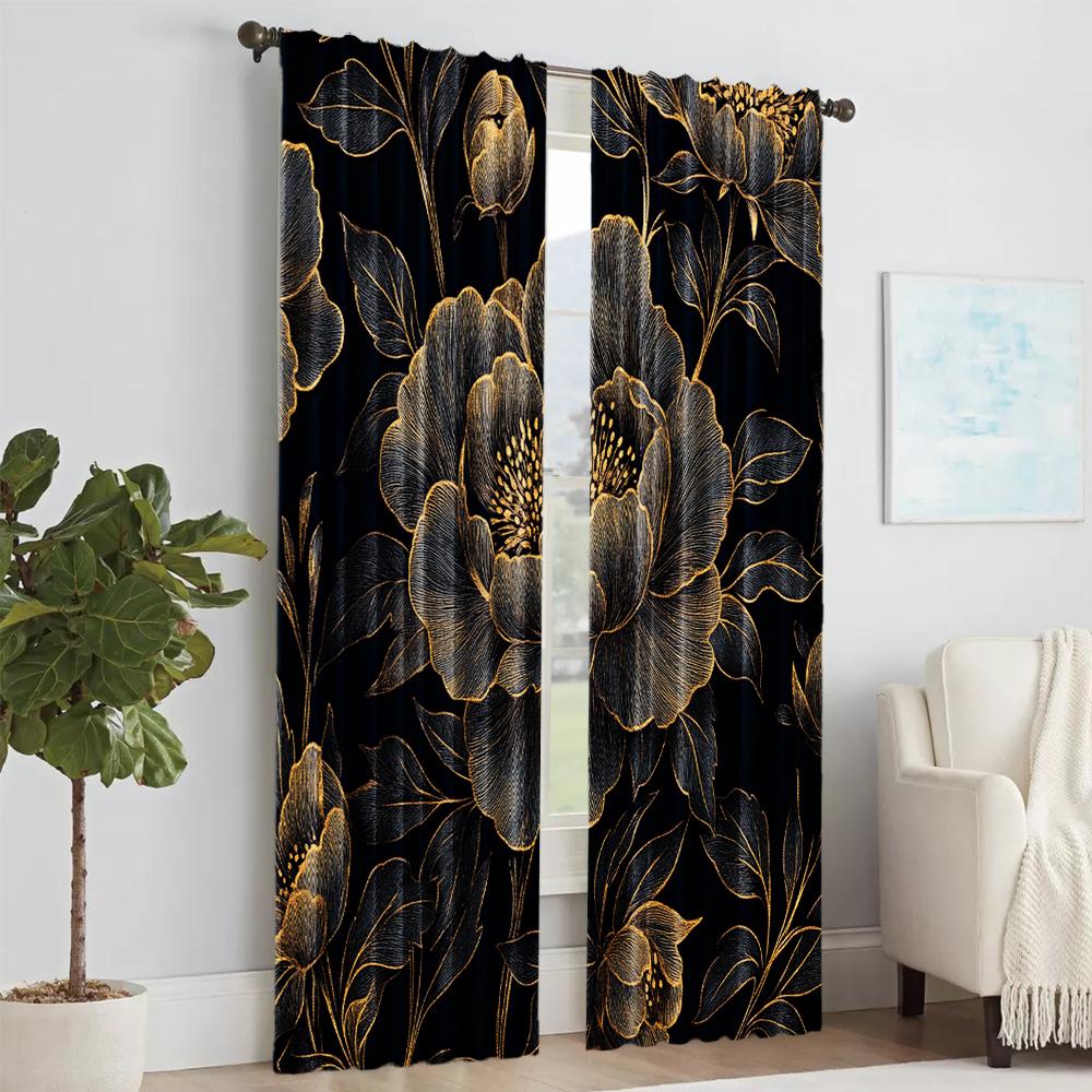 Set Of 2 Versatile Polyester Transparent Curtains Home Decoration Black Golden Floral Use Bedrooms Living Rooms Curtain Ideal For Room