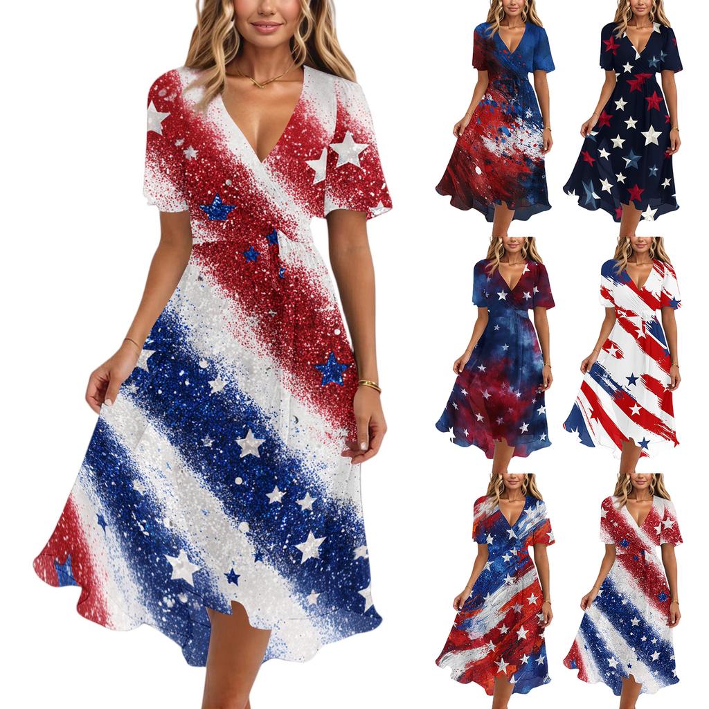 Women’s Casual V Neck Short Sleeve Midi Dress with Abstract Print and Flowy Hem for Everyday Comfort