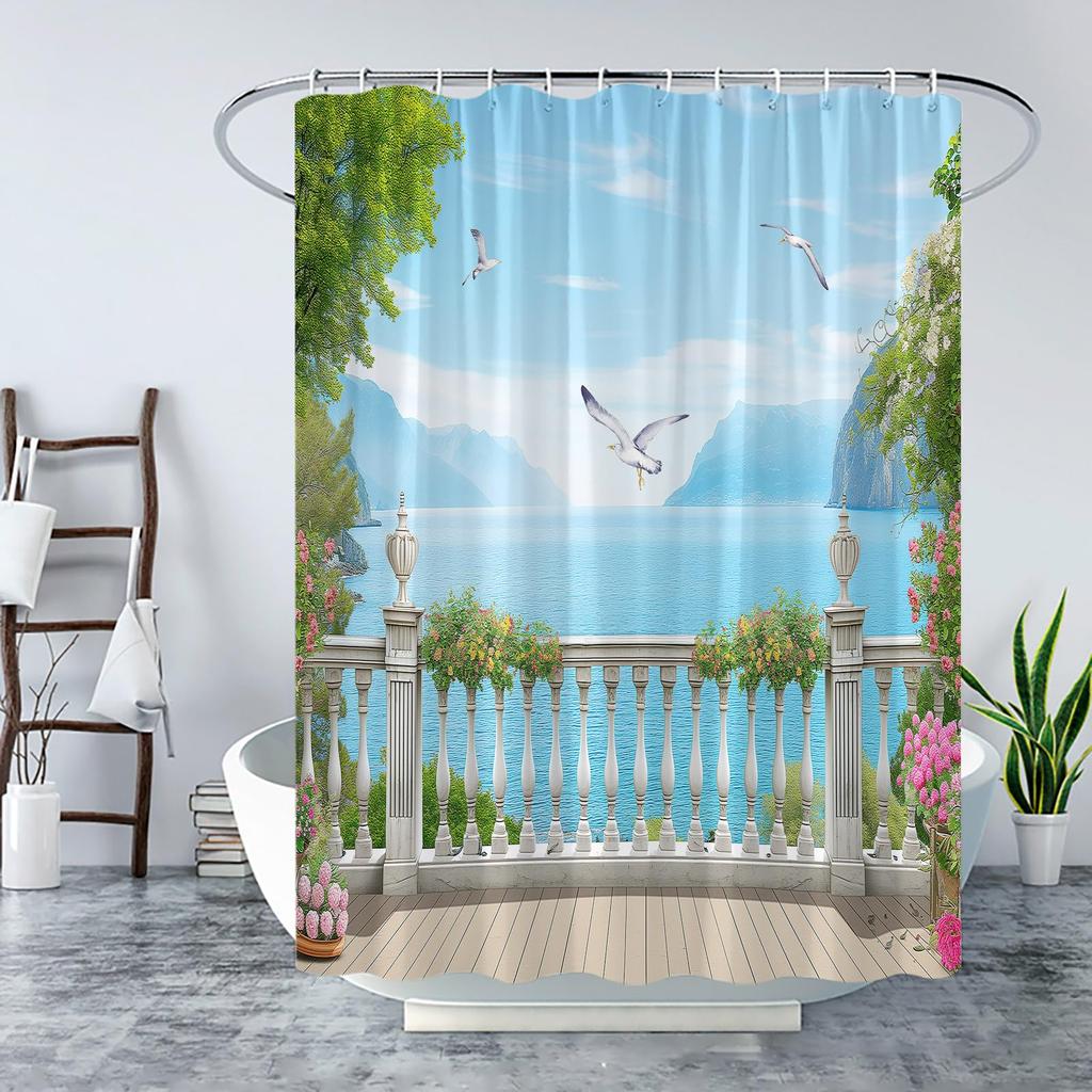 Waterproof Shower Curtain Set Flowers Arch Bridge Landscape Home Decor Bathroom Curtain Polyester Fabric Background Wall Decor