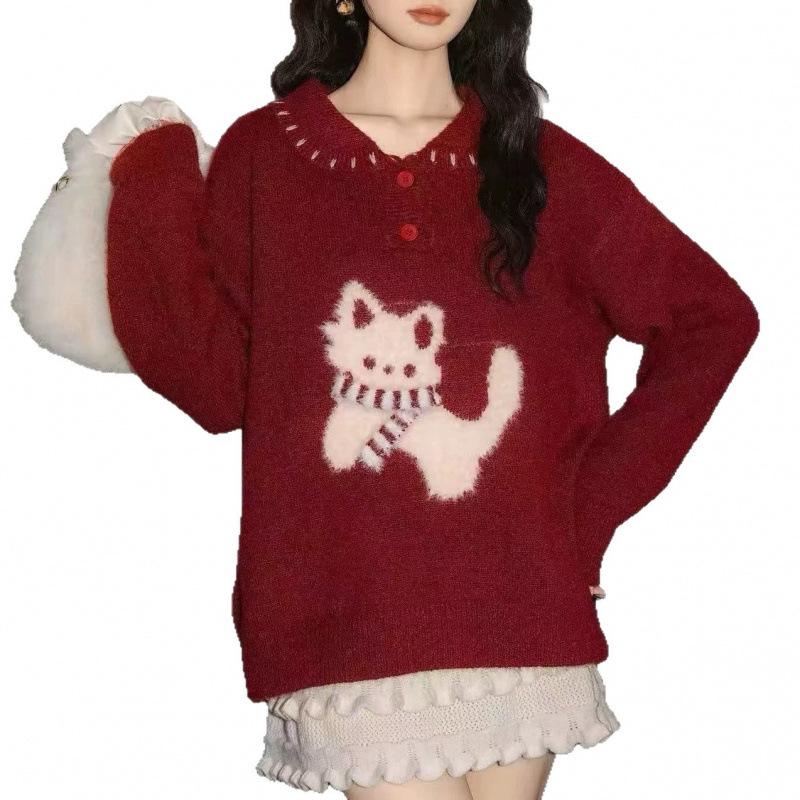 Women's Kitten Jacquard Knit Sweater: New Autumn/Winter Slimming Polo Collar, Age-Reducing Stylish Design.