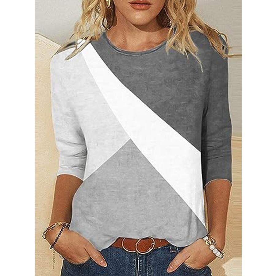 Jarní a podzimní top s kulatým výstřihem, 3D barevným blokovým potiskem, módní ležérní dámské tričko s dlouhým rukávem