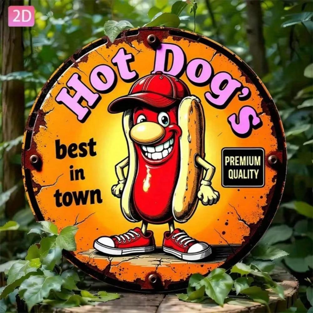 Vintage Hot Dog Cartoon Tin Sign 20x20cm 2D Flat Aluminum Wall Art Kitchen Bar Garden Garage Outdoor Decor
