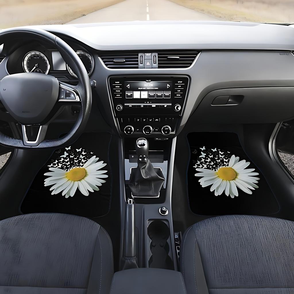 4pcs White Daisy Butterfly Car Non-Slip Carpet | Polyester, Easy To Clean & Install, Suitable for Cars & SUVs, Universal Fit