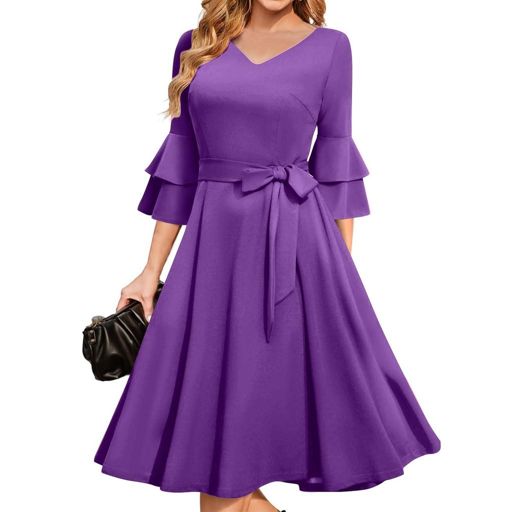 Women's Elegant Bell Sleeve Cocktail Party Dresses For Wedding Guest Fit And Flare Church Midi Evening Dress
