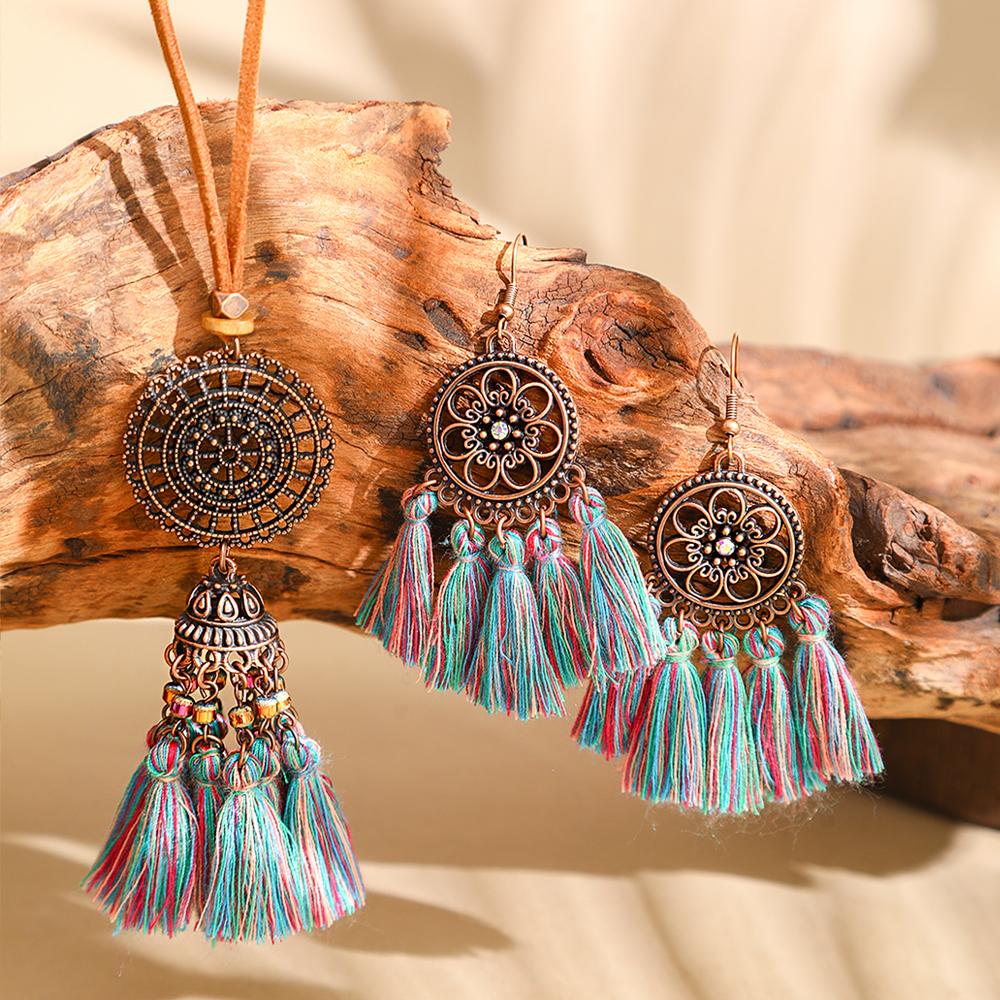 

3 шт. Винтажный комплект серьги-ожерелье с цирконом, серьги-кисточки, этнические бохо аксессуары для вечеринок, повседневная носка, подарки на праздник