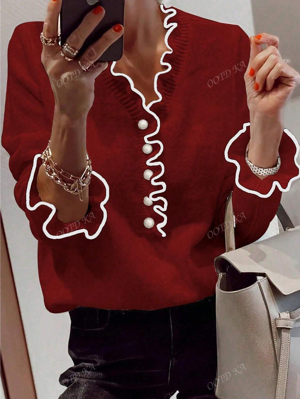 

White Lace Trim V-Neck Long Sleeve Knit Top with Pearl Buttons XL червоний