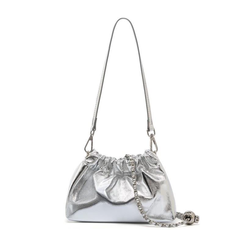 Little Golden Ball Chain Wrinkled Cloud Bag Handbill Shoulder Underarm Black Leather Design Unique Crossbody