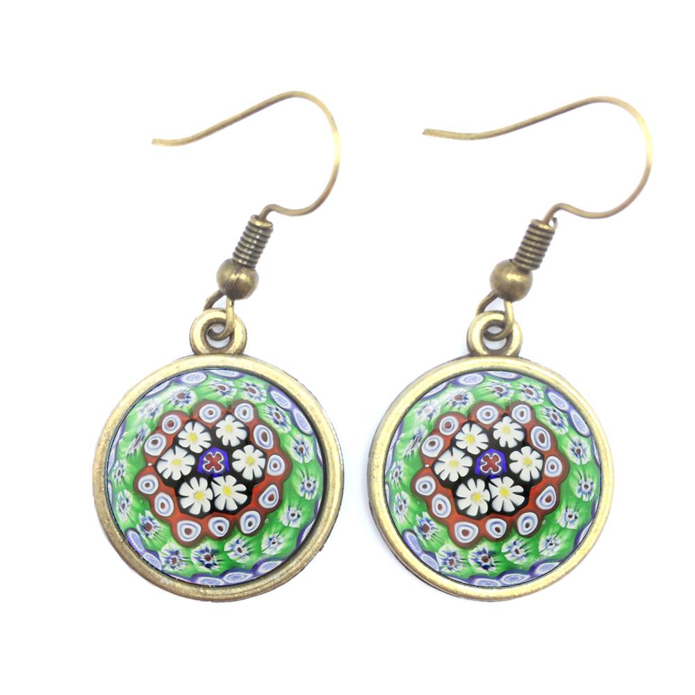 Murano Millefiori Drop Earrings MultiColour Flower 16mm Glass Cabochon Earring Jewelry For Women Girls Gift