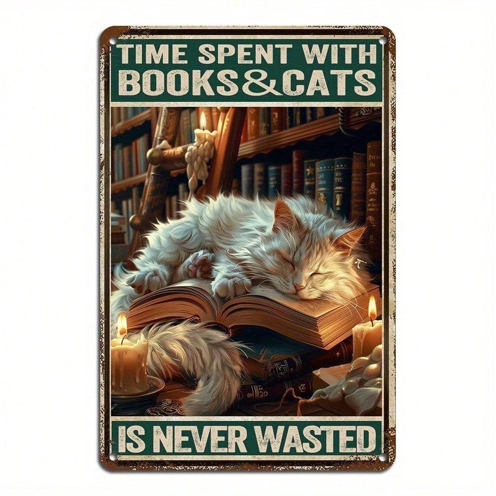 Cocofun Vintage Metal Wall Art Sign for Book & Cat Lovers, Heavy-Duty Inspirational Quote Poster